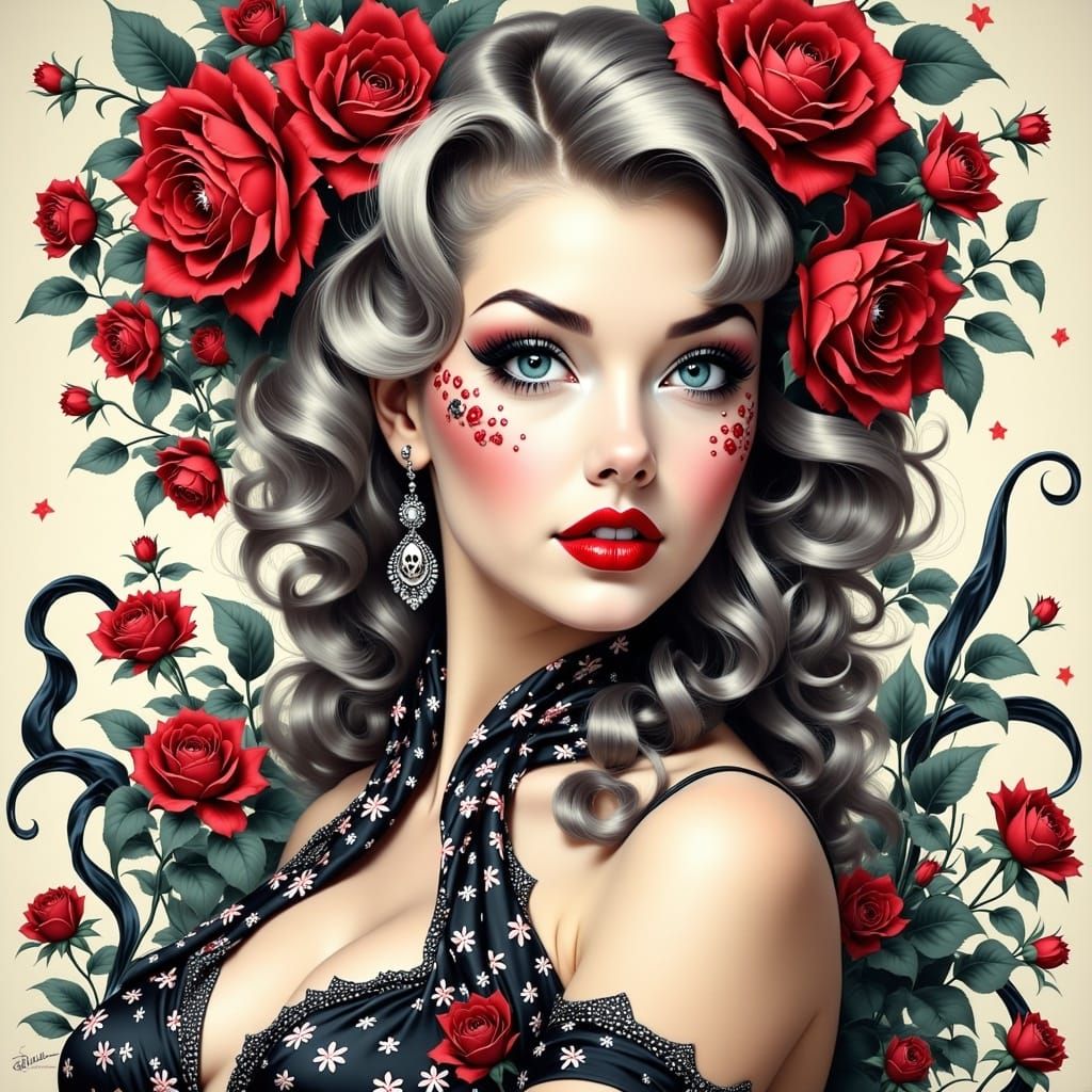 Vintage Pinup Portrait Tattoo in Colorful, Intricate Line Ar...