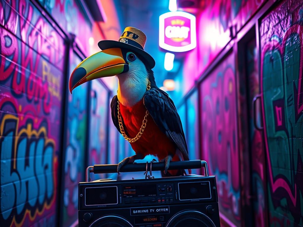 Toucan Rapper with Fedora on Boombox in Neon Alley