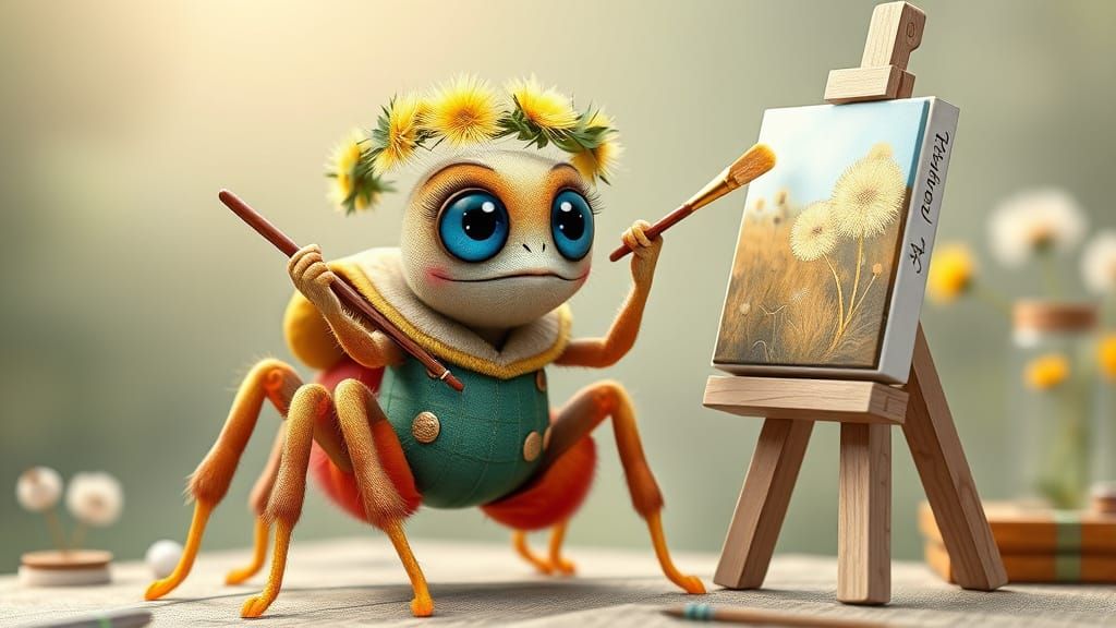 Artist Spider in Whimsical 3D Animation Style