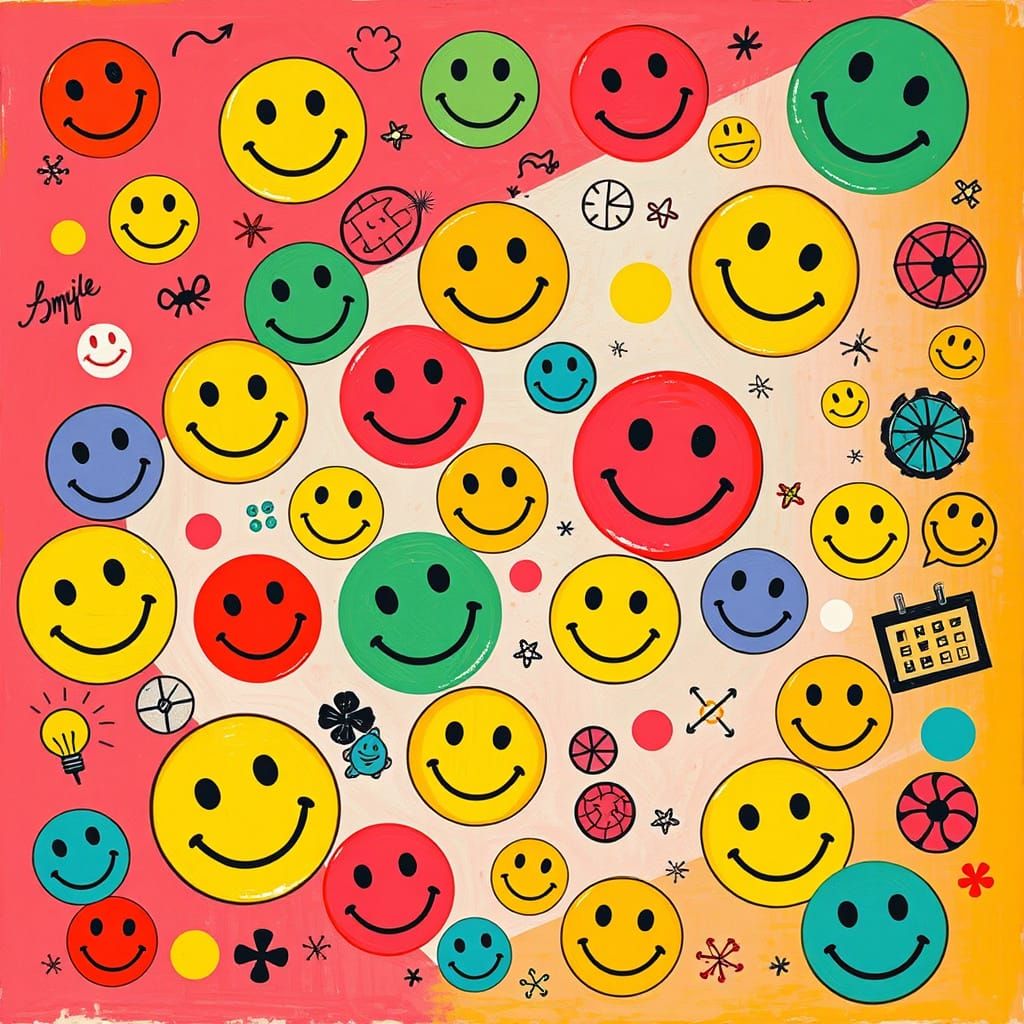 Vibrant Retro-Inspired Artwork with Whimsical Symbols