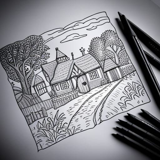 Detailed Charcoal Drawing of Medieval English Countryside