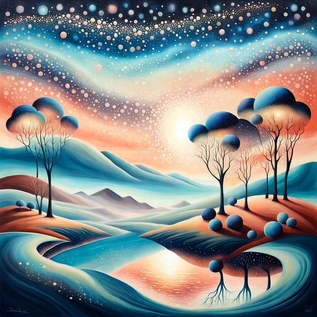 Dreamy Surrealist Landscape with Shimmering Stardust