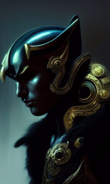 Panther Elf Warrior Portrait in Art Deco Armor