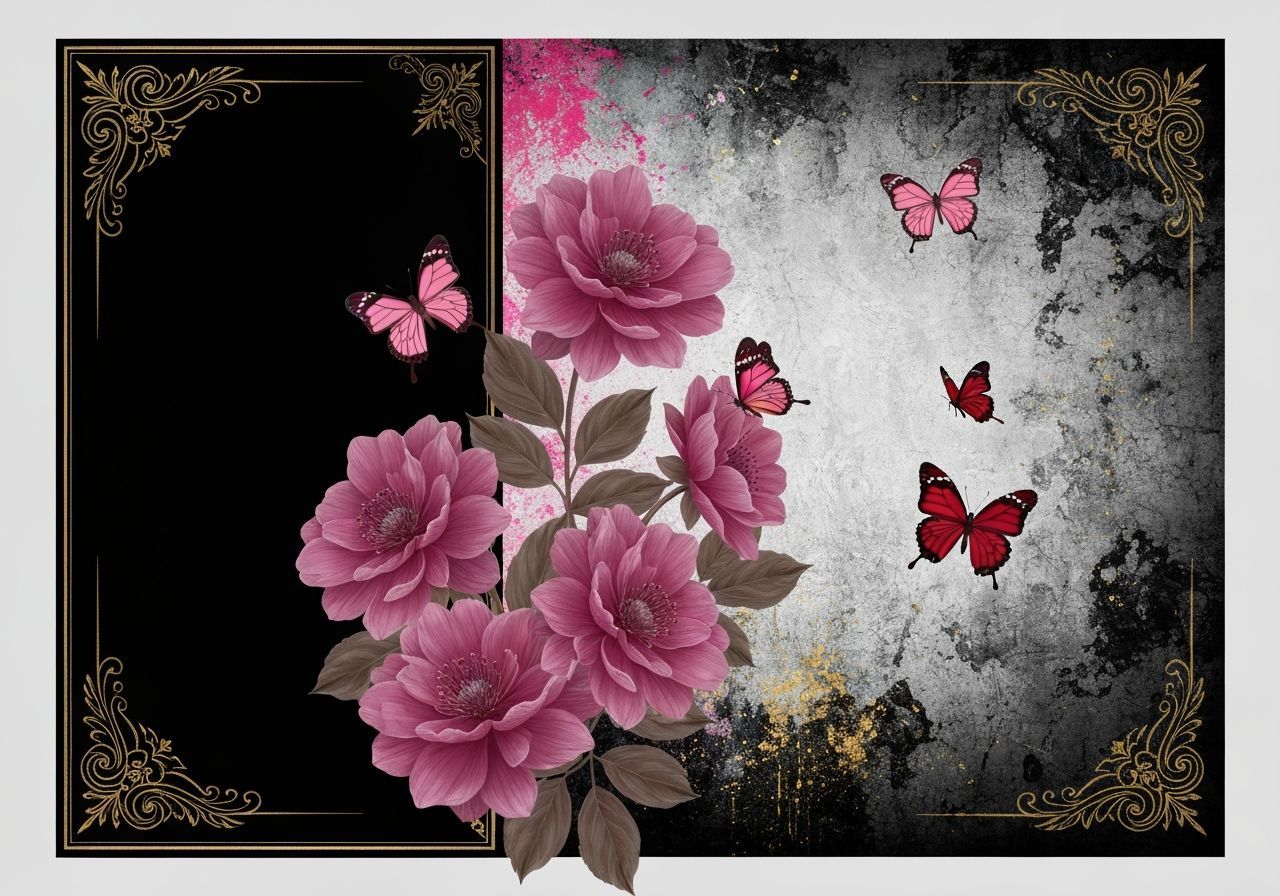 Dark Pink Flowers and Butterflies with Gold Frame