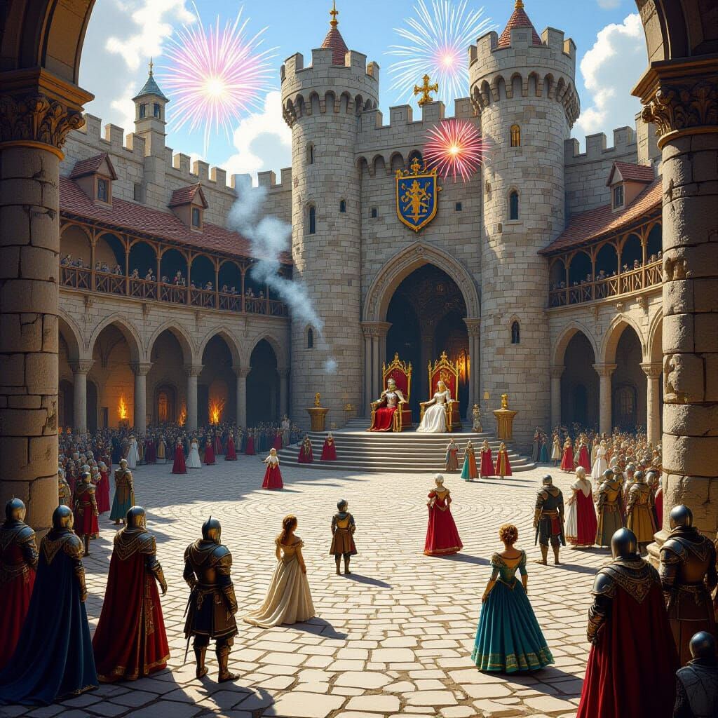 Medieval Knights & Royalty Amidst Futuristic Fireworks