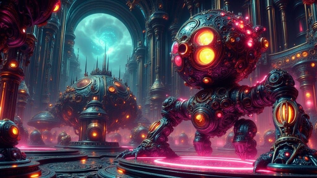 Cute Nanobot in Sci-Fi Rococo Ink-Wash Style