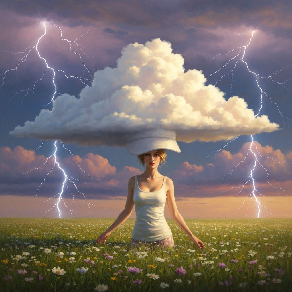 Androgynous Woman Wears Cloud Cap in Sunset Meadow