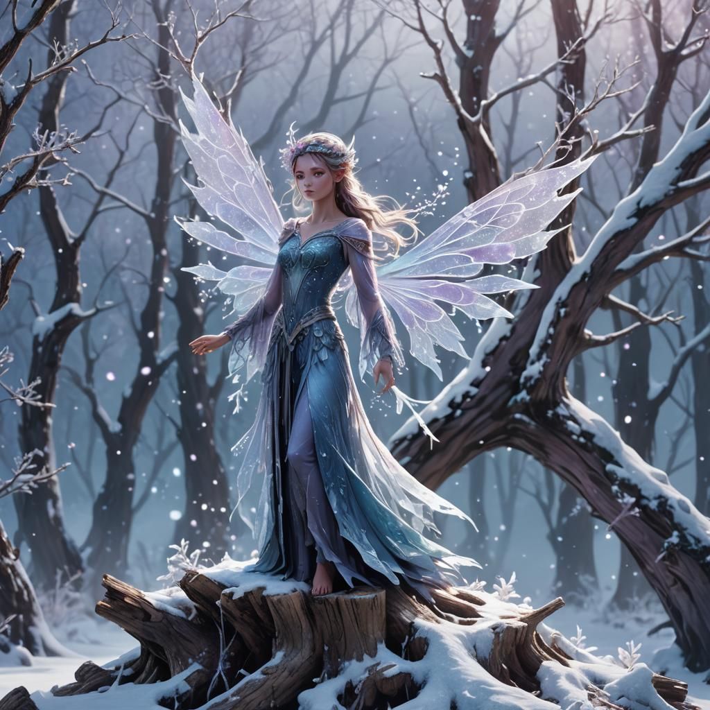Winter Fae on Frozen Stump in 3D Style