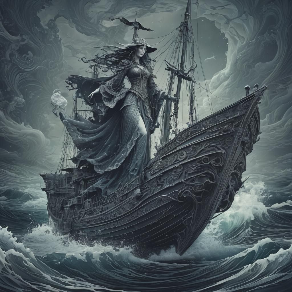 Sorceress and Wraith Over Stormy Sea