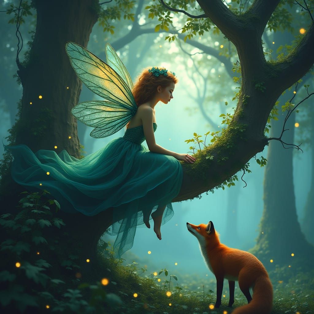 Whimsical Fae Goddess Watches Curious Fox in Misty Woodland