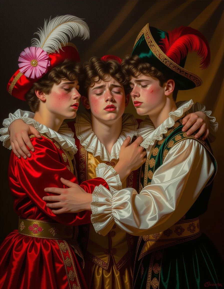 Panto Boys' Emotional Scene as Hyperrealistic Oil Painting