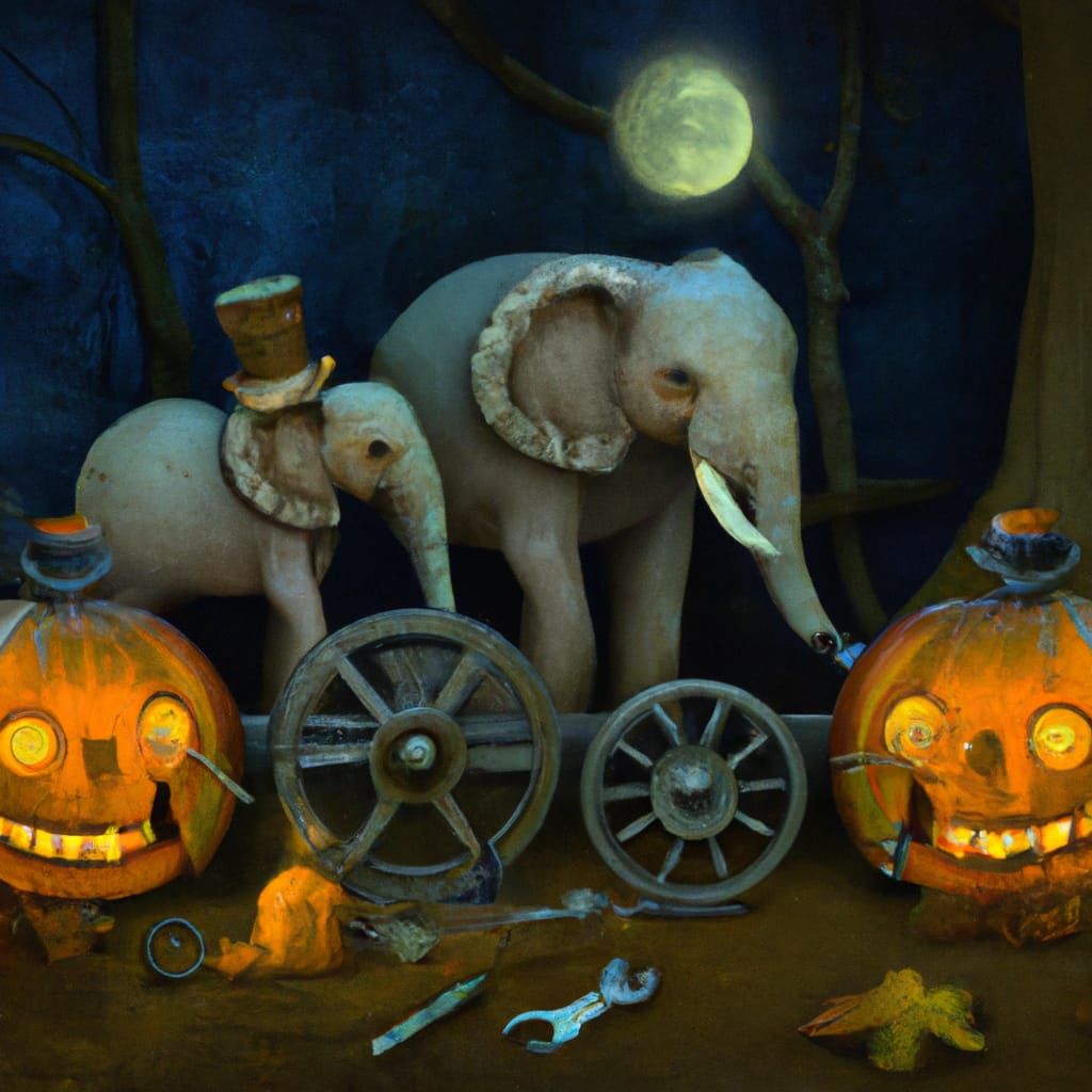 Elephants Carving Jack O'Lanterns in Moonlit Forest