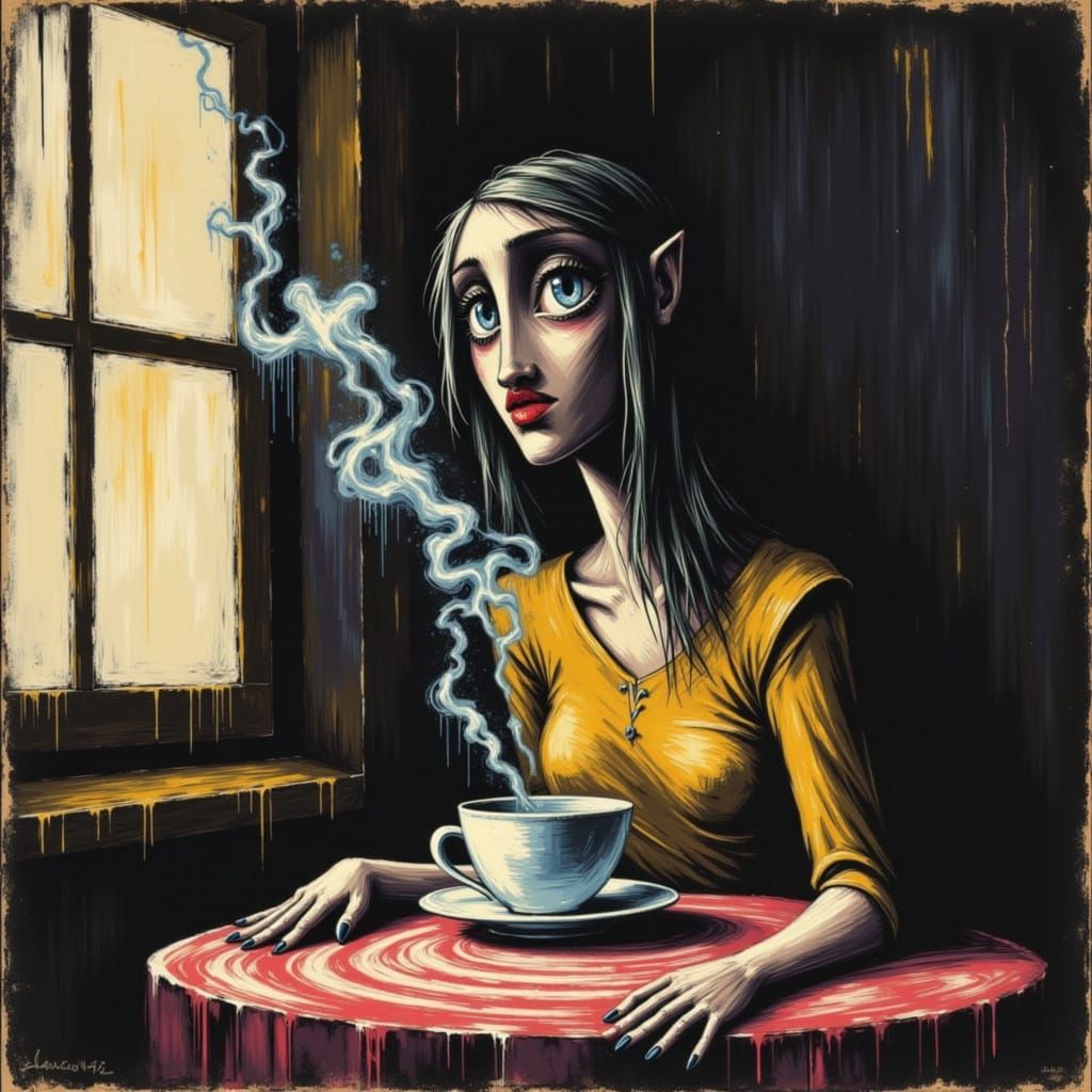 <lora:Inkblossom Noir:1.0> :Sentient porcelain teacup with s...