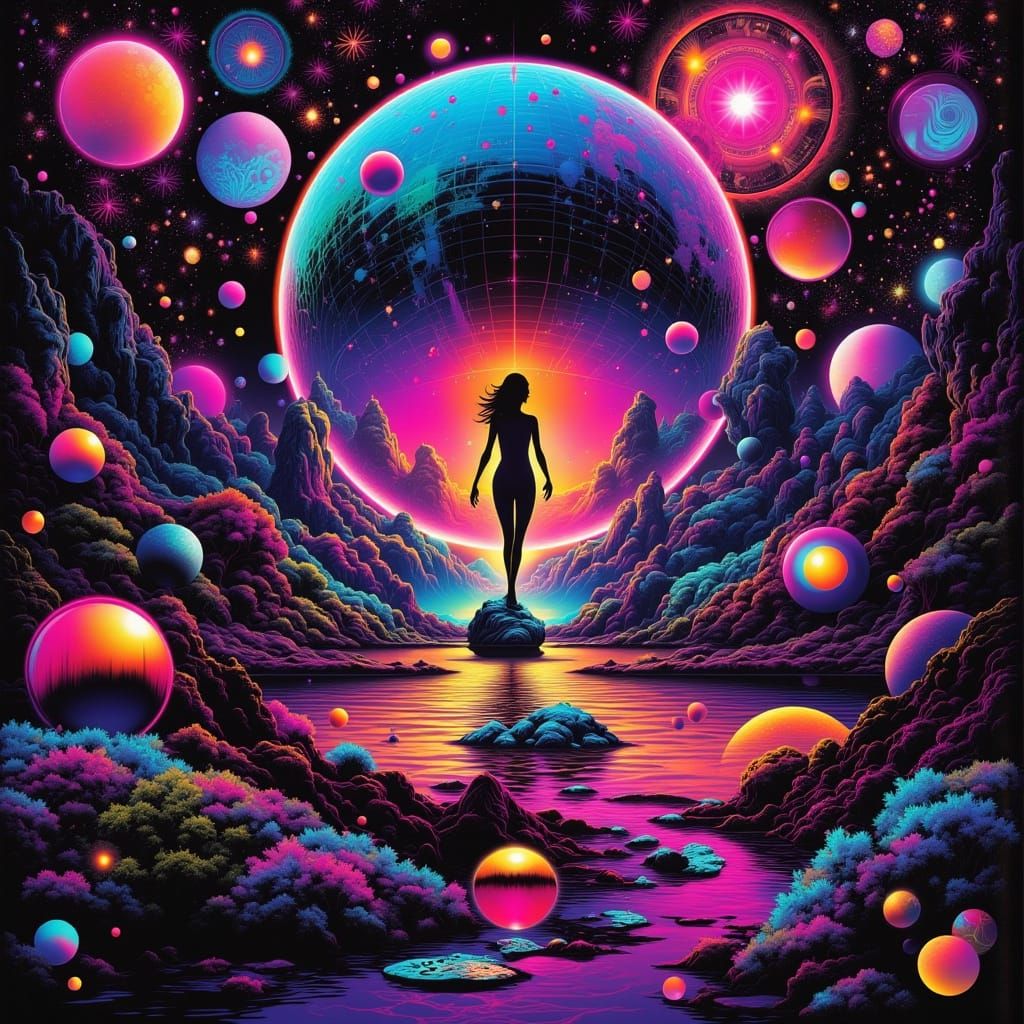 Surreal Disco Scene in Vintage Blacklight Style