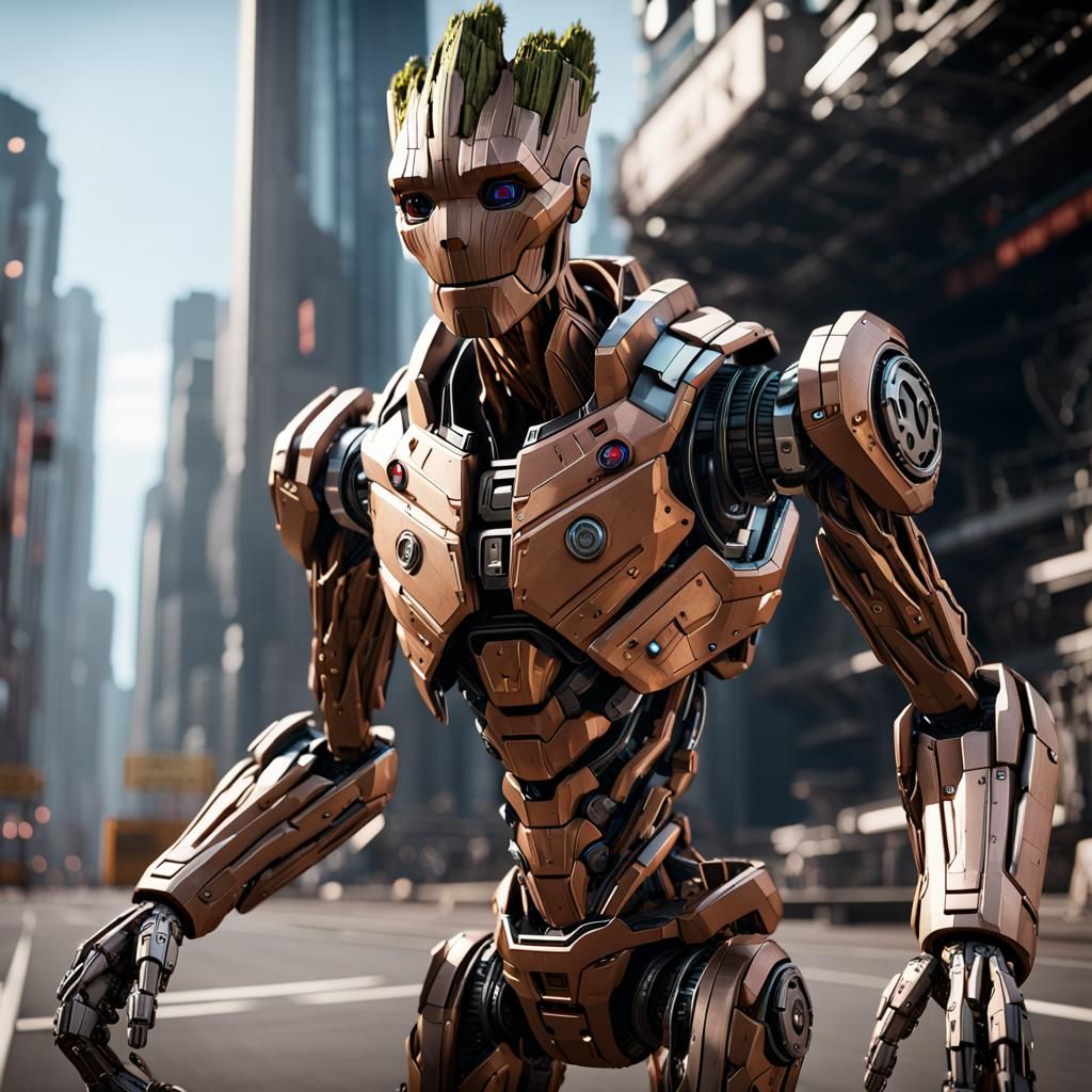 Groot Driving Sci-Fi Mech Suit in 8K