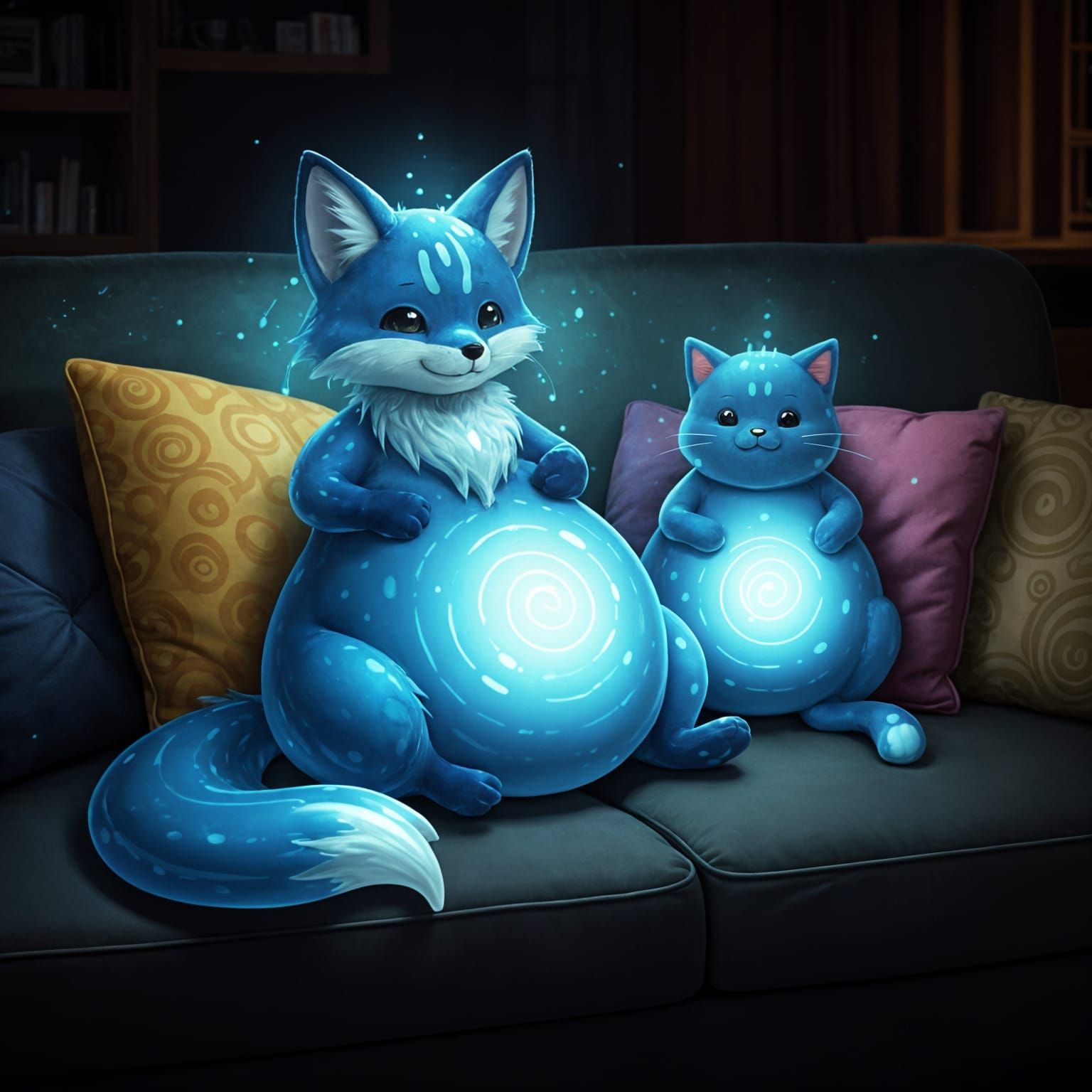 Chubby Blue Slime Fox and Cat Enjoying Cozy Living Room