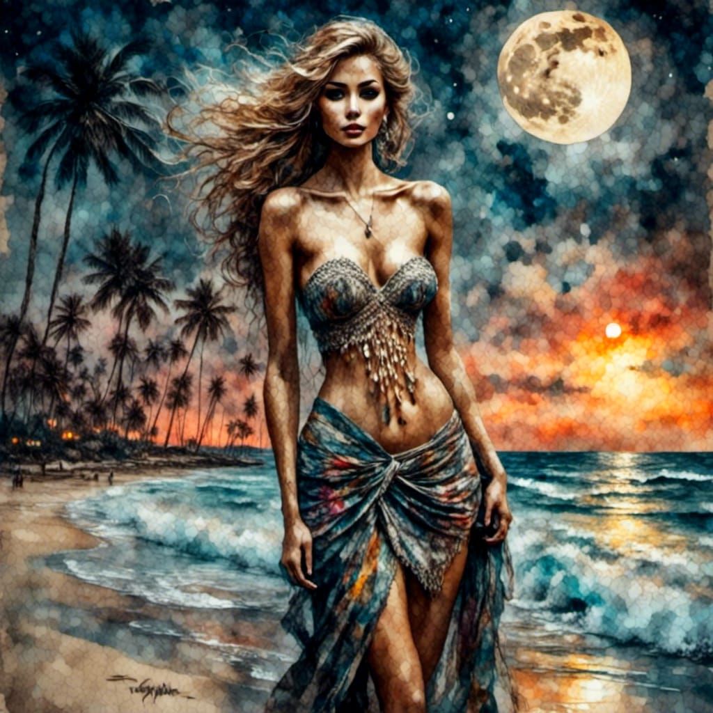 Exotic Woman on Beach at Night in Watercolor