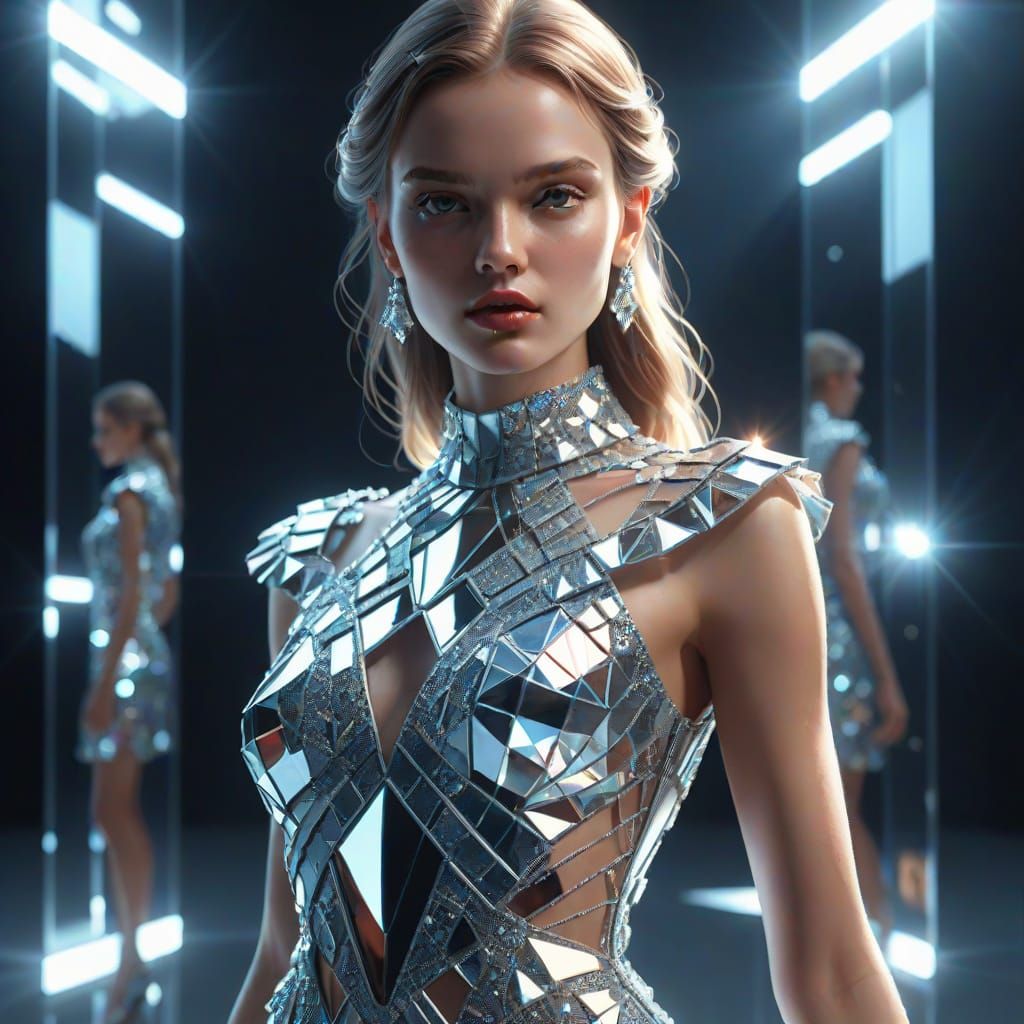 Supermodel in Shimmering Mirror Glass Dress