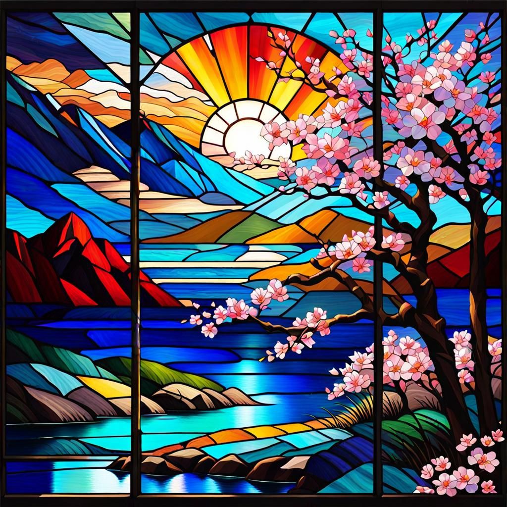 Stained Glass Sunrise Over Sakura Landscape