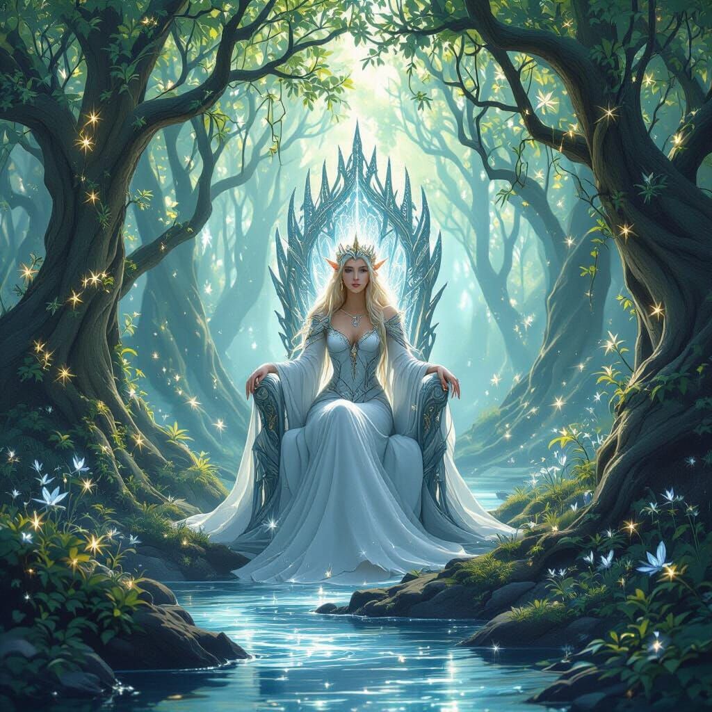 Elven Queen on Starlight Throne in Enchanted Forest