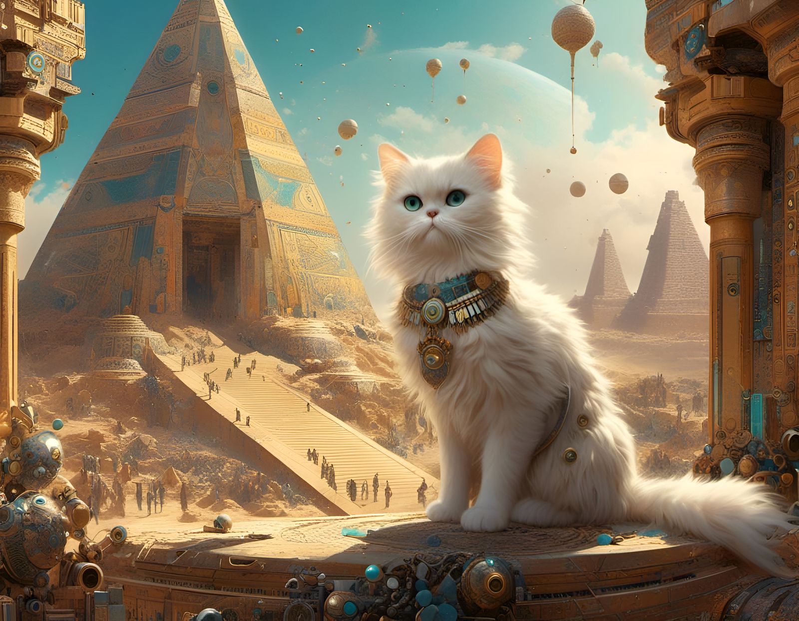 Surreal Mechanoid Cat Battle at Desert Temple