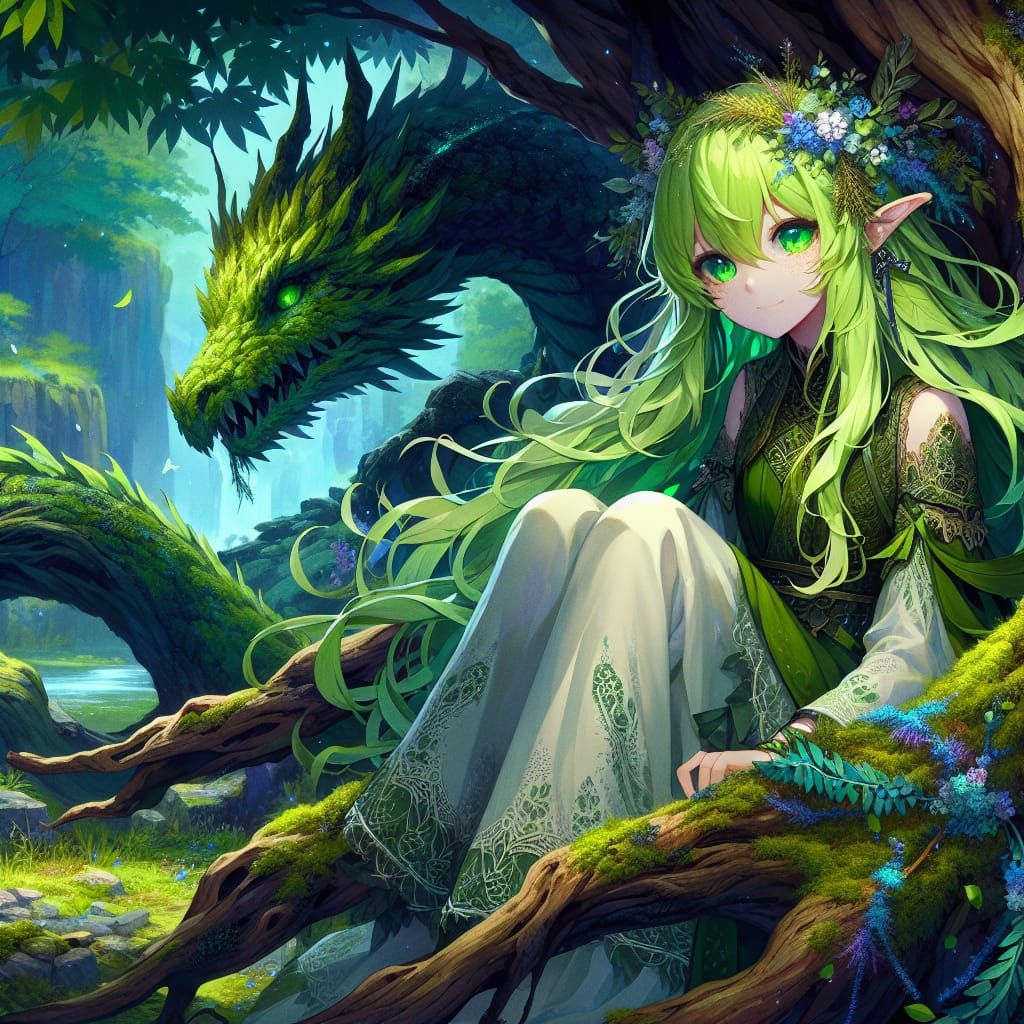 Anime Druid Girl with Emerald Dragon in Fantasy Landscape