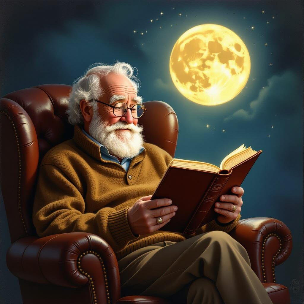 Grandfather Reads by Magical Moon in Cozy Armchair