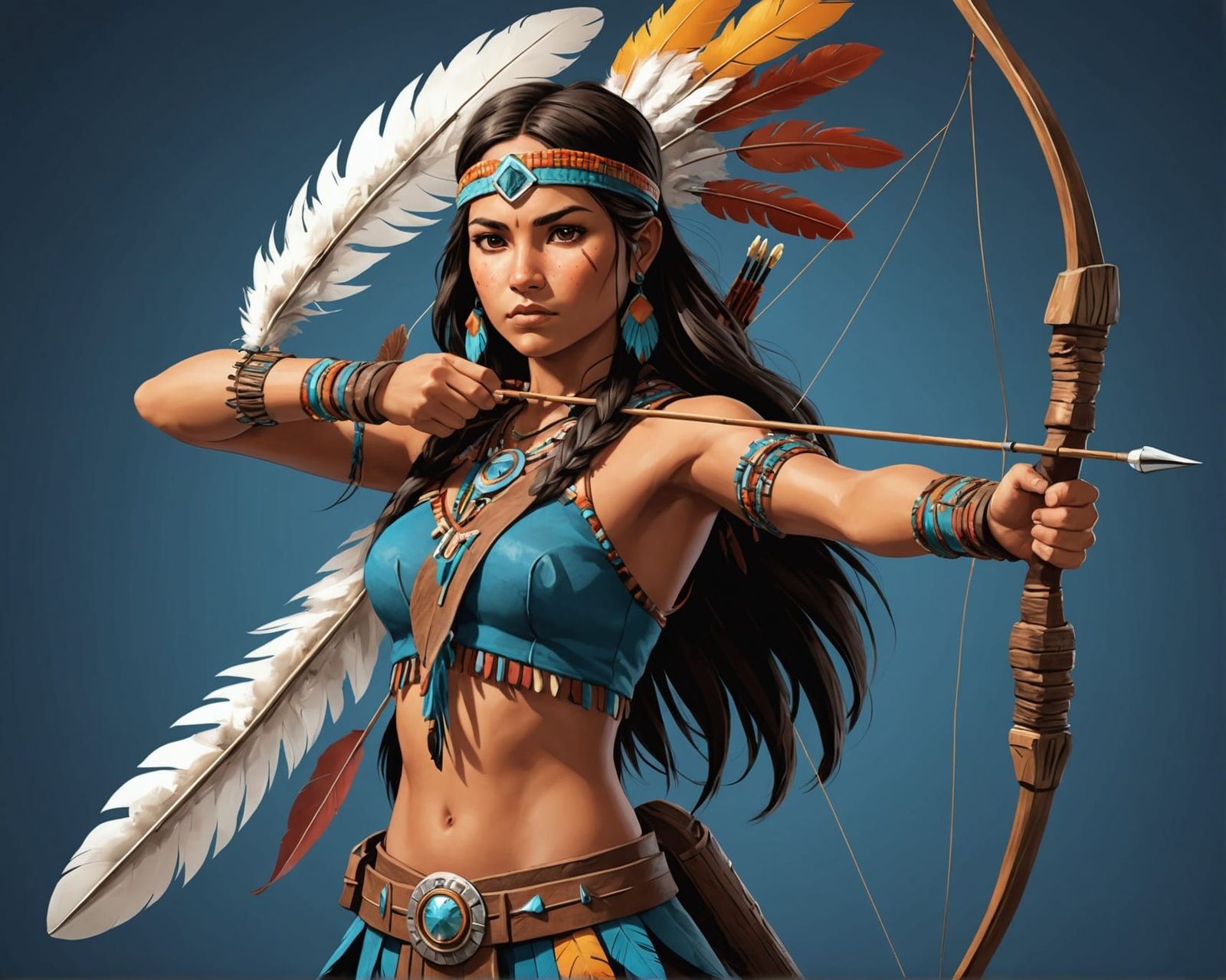 Native American Archer Aiming: Anime-Inspired Cel-Shaded Art