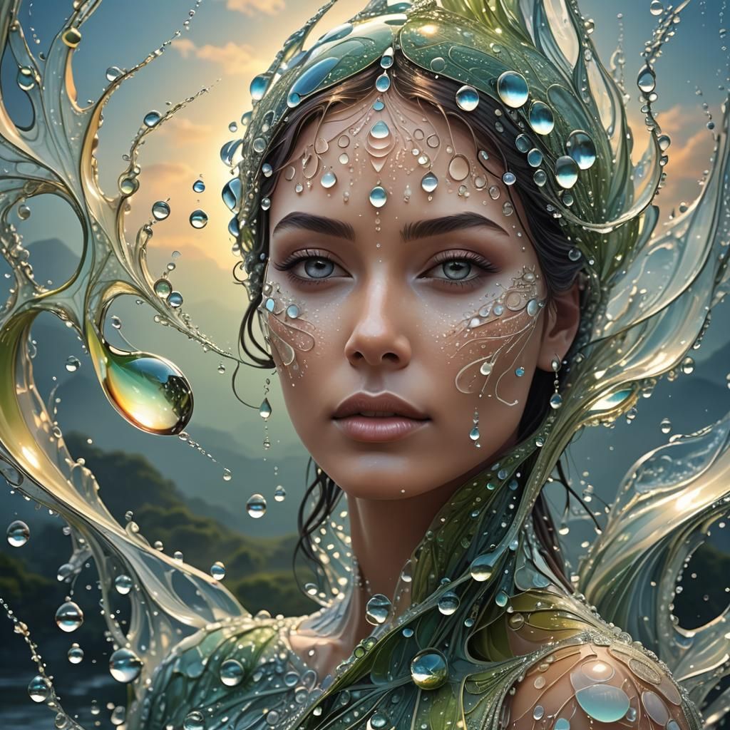 Giant Dew Drop Reflecting Sunrise Riverscape in 3D