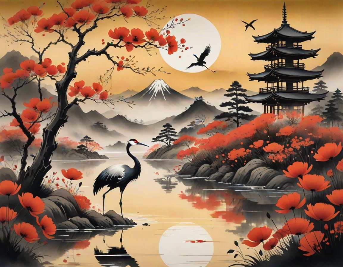 Japanese Crane and Poppies in Sumi-e Ukiyo-e Style
