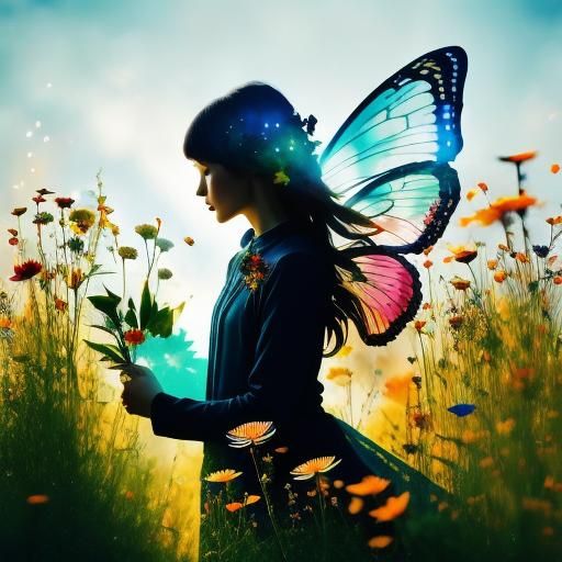 Double Exposure Art with Wildflowers and Fairy