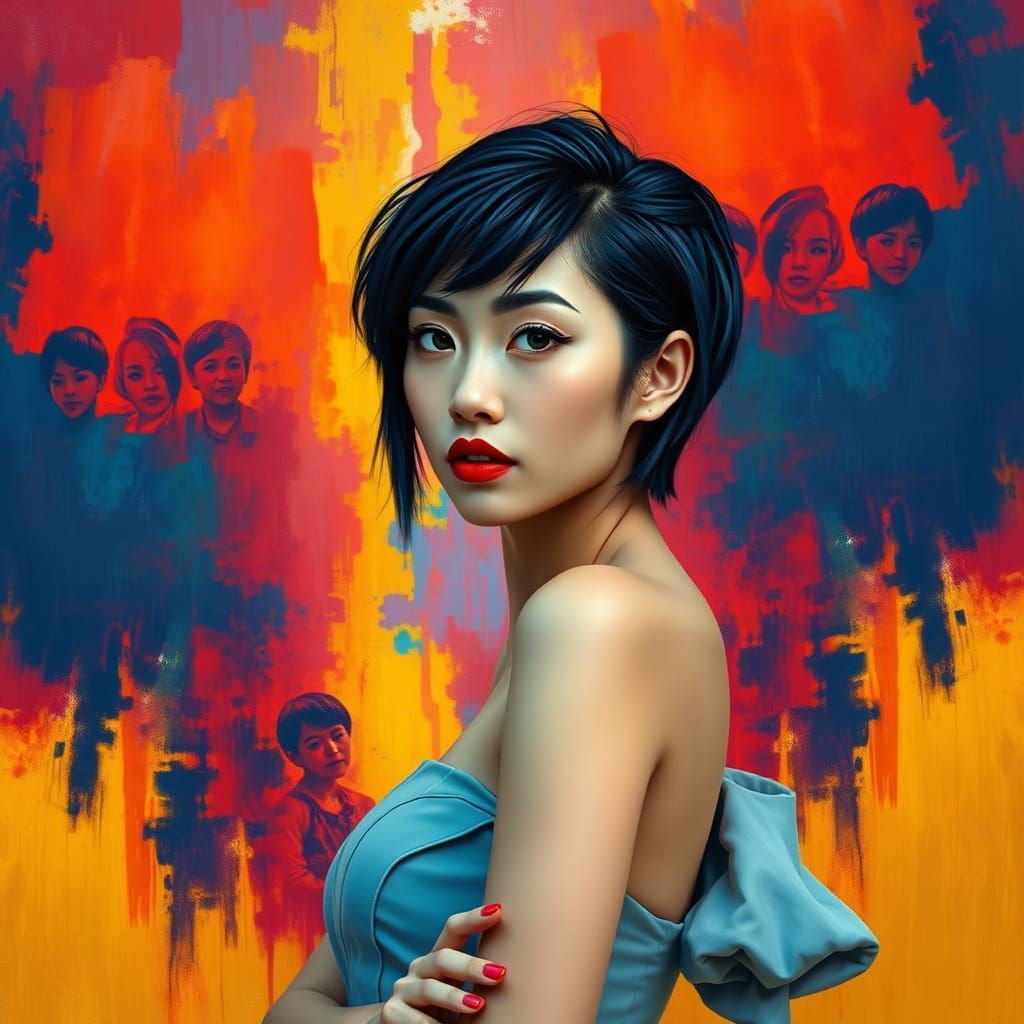 Surrealist Portrait in Vibrant Colors and Abstract Backgroun...