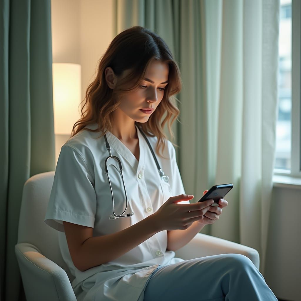 Woman Analyzing Medical Data on AI App in Modern Waiting Roo...