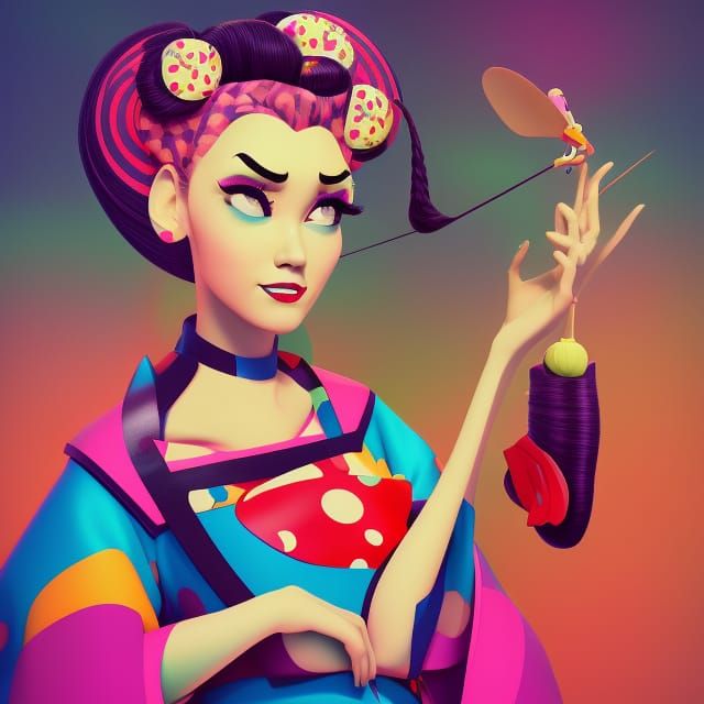Retro Pop Art Woman with Kimono, Digital 3D Art