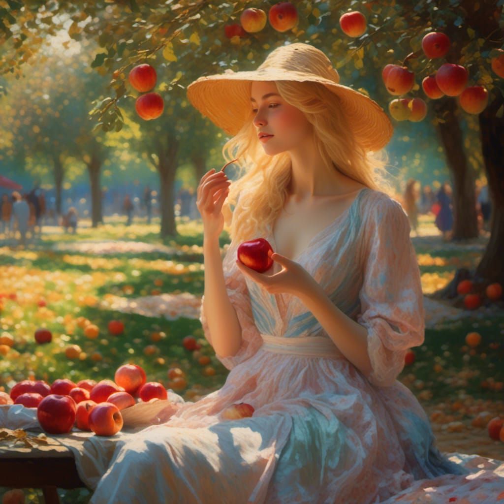Impressionistic Blonde Woman with Apple in Park