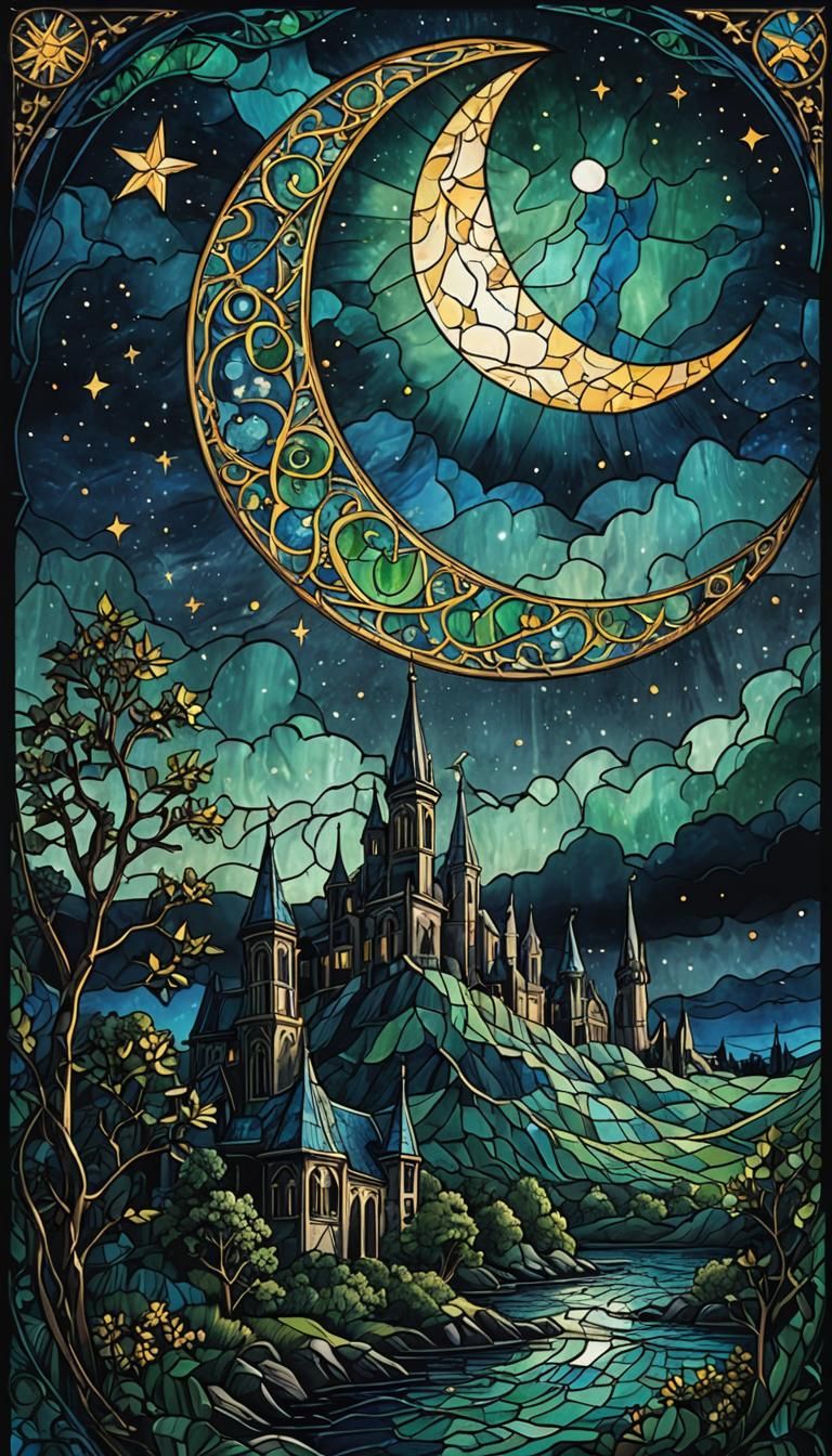 Stained Glass Crescent Moon Etching