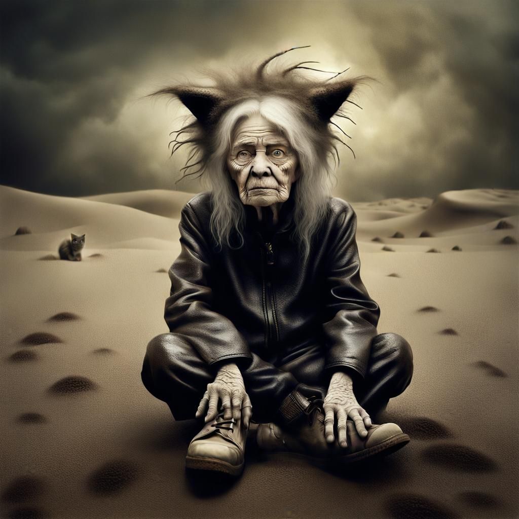 Eerie Sandstorm Portrait of Woman in Cat Pajamas