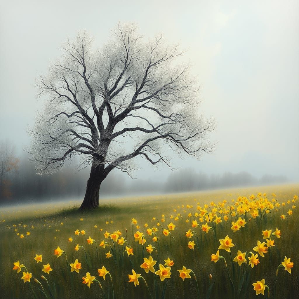 Late Spring Meadow with Lone Tree and Daffodils in Soft Focu...