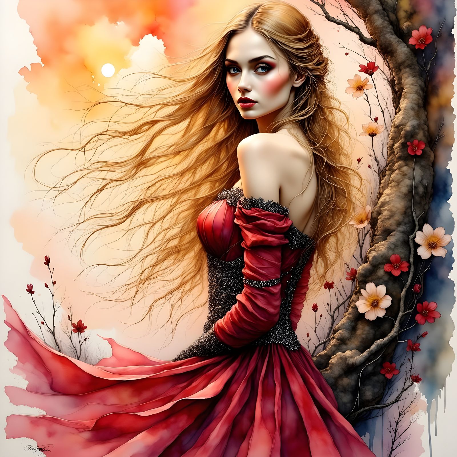 Norse Goddess in Ink and Watercolor