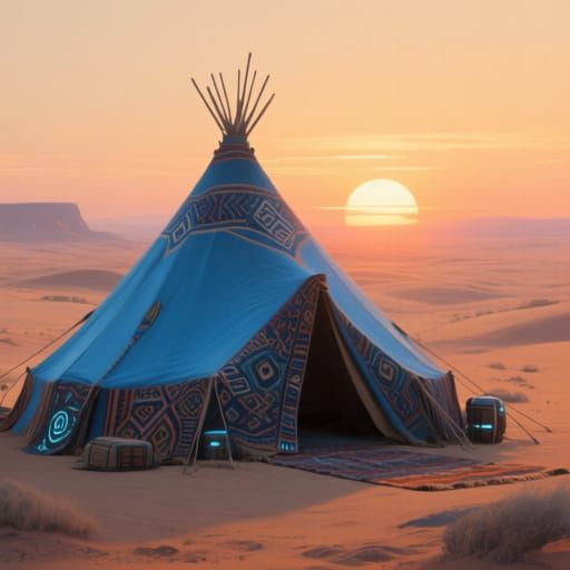 Azure Nomad Tent in Desert Landscape, Retro-Futurism Style
