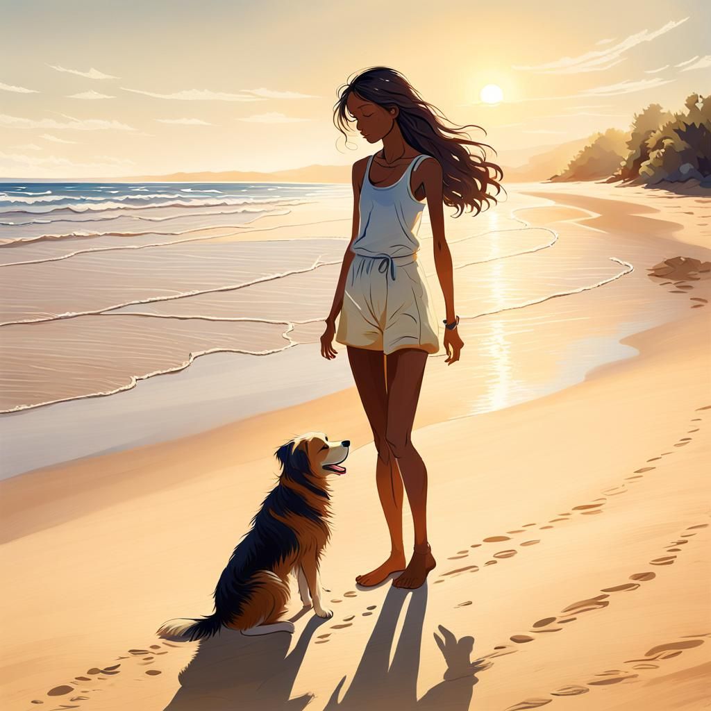 Sun-Kissed Beach Scene with Woman and Dog in Hyperrealism