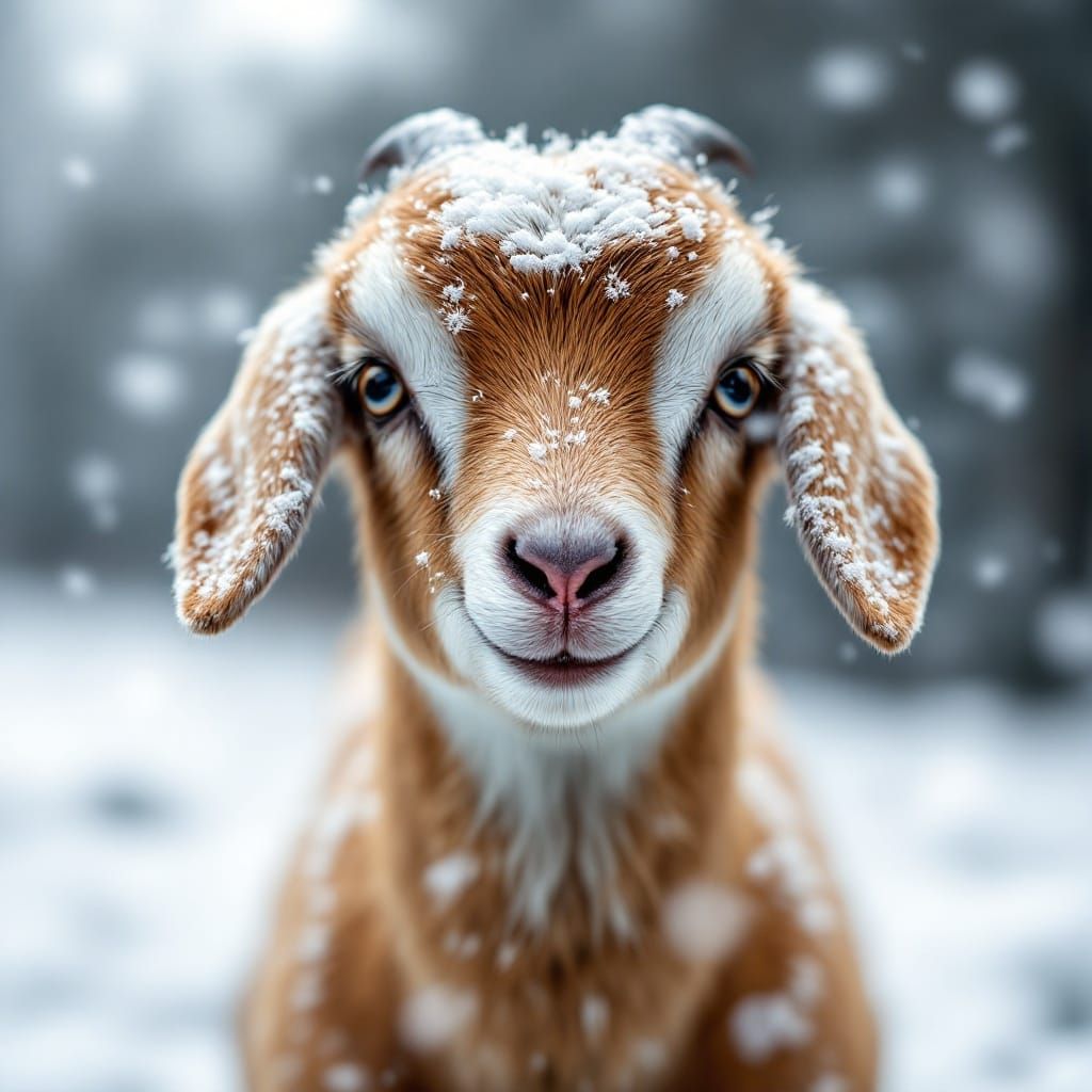 Charming Baby Goat Portrait in Winter Wonderland