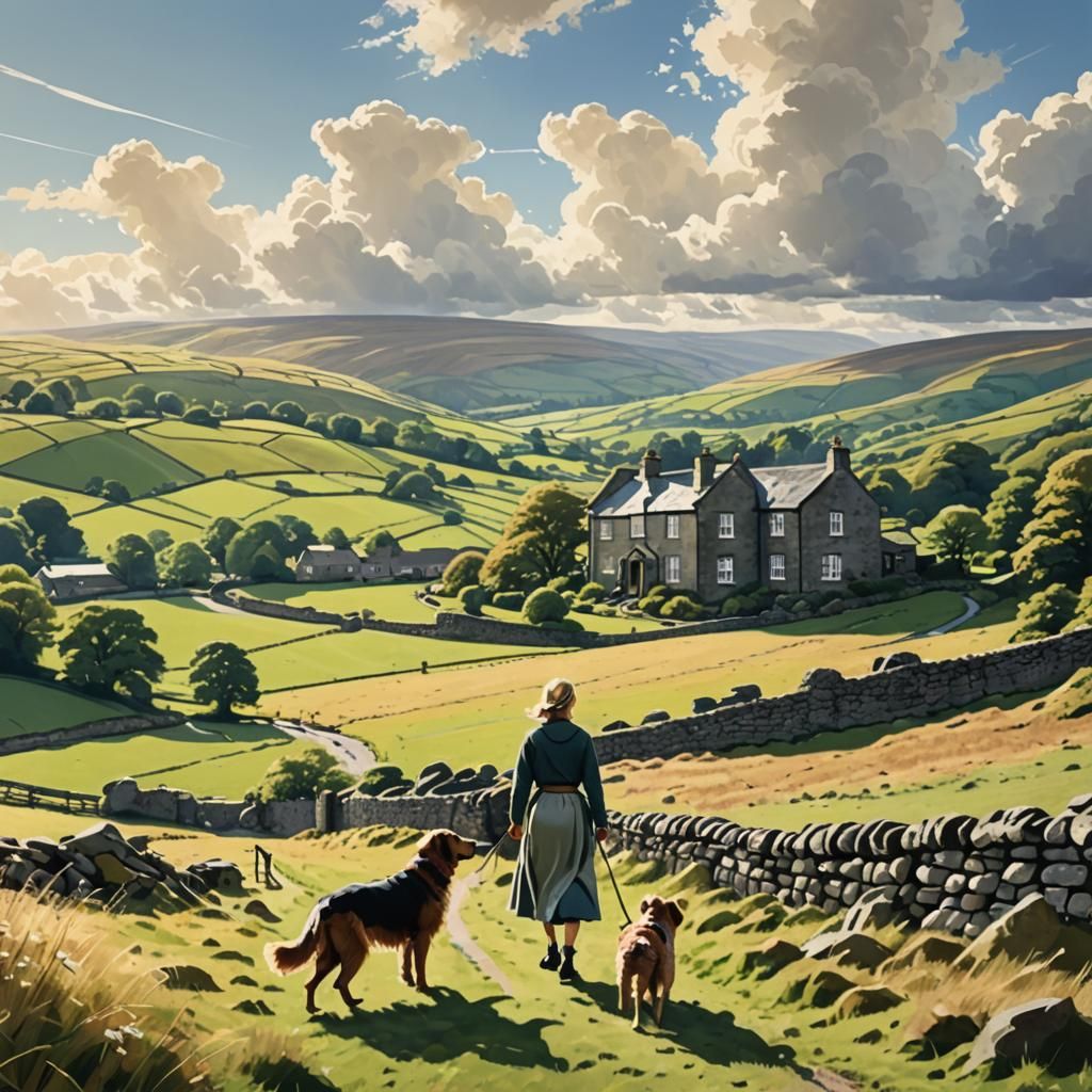 Yorkshire Dales House: Woman and Dog in Sunshine