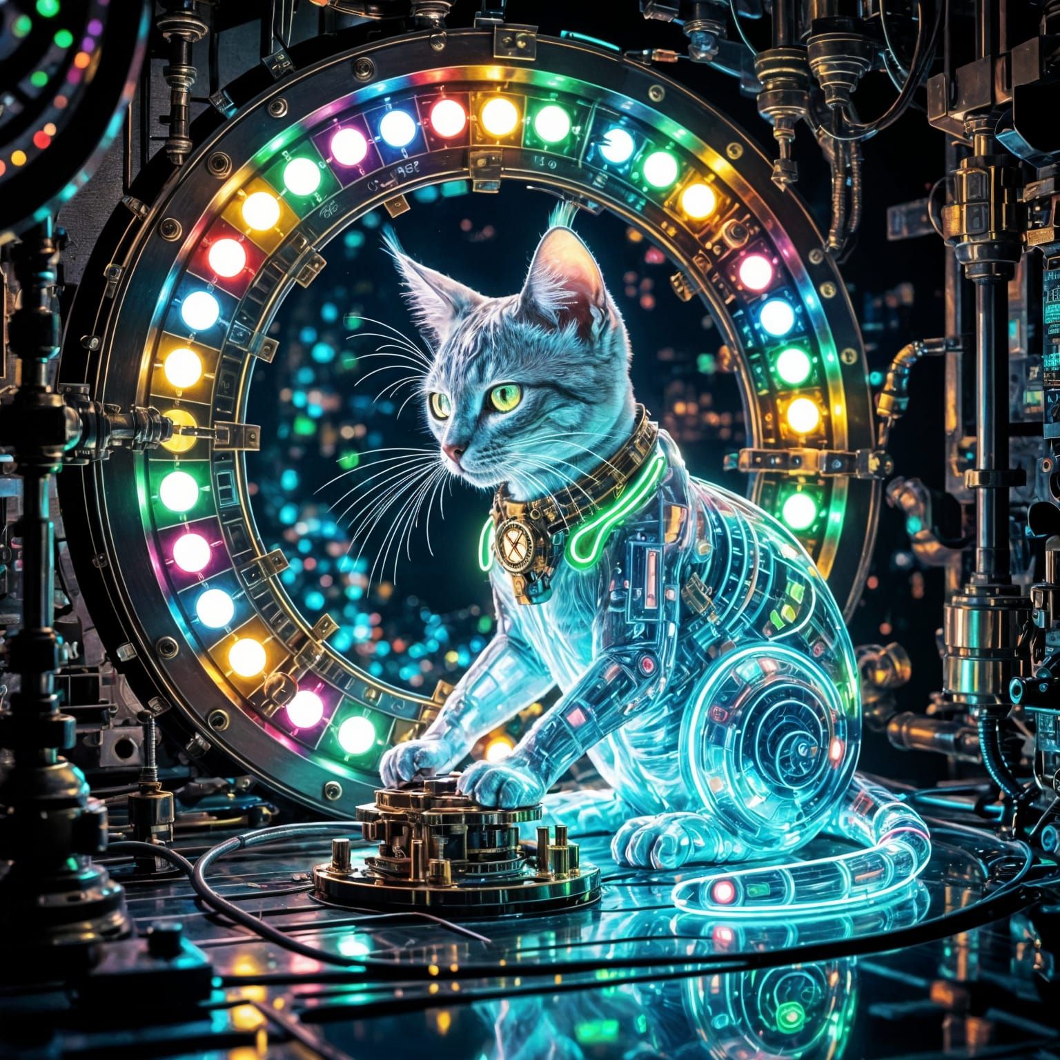 Steampunk Feline Hybrid Inspects Mechanical Body in Rainbow ...