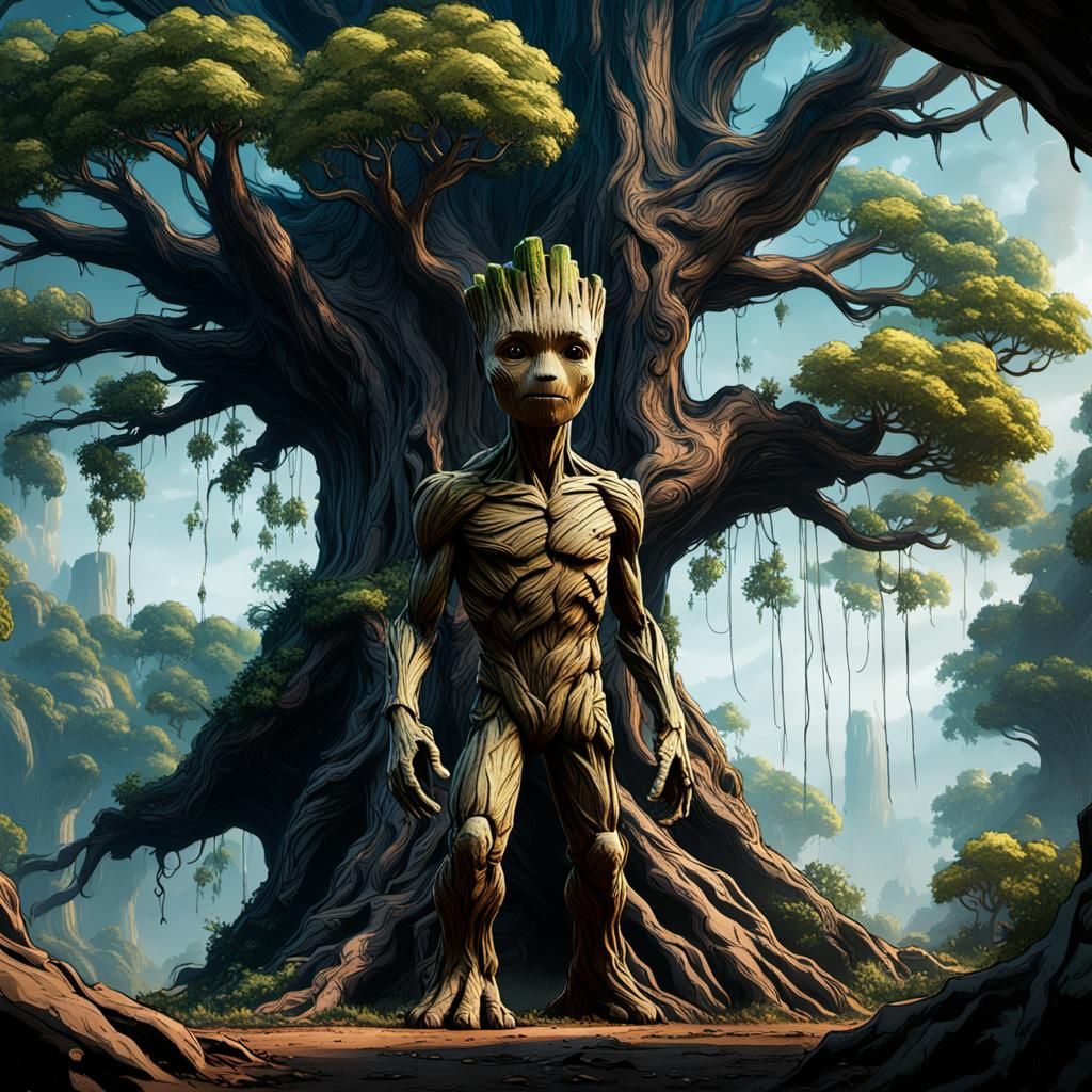 Groot Observes a Tree in Detailed Fantasy Art