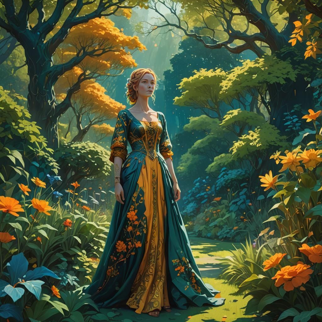 Beautiful Woman in Fantasy Garden Concept Art