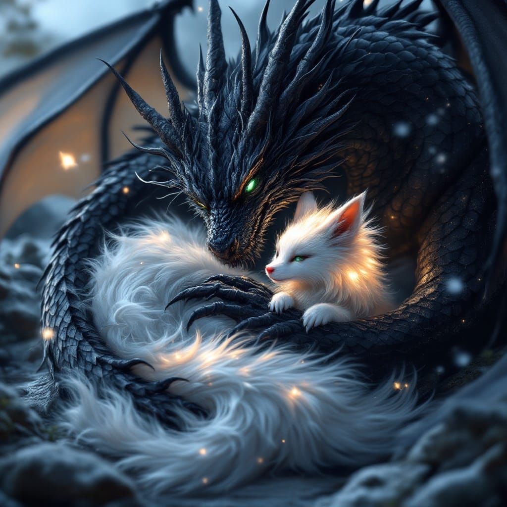 Mystical Black Dragon Shields White Kitsune in Ethereal Japa...