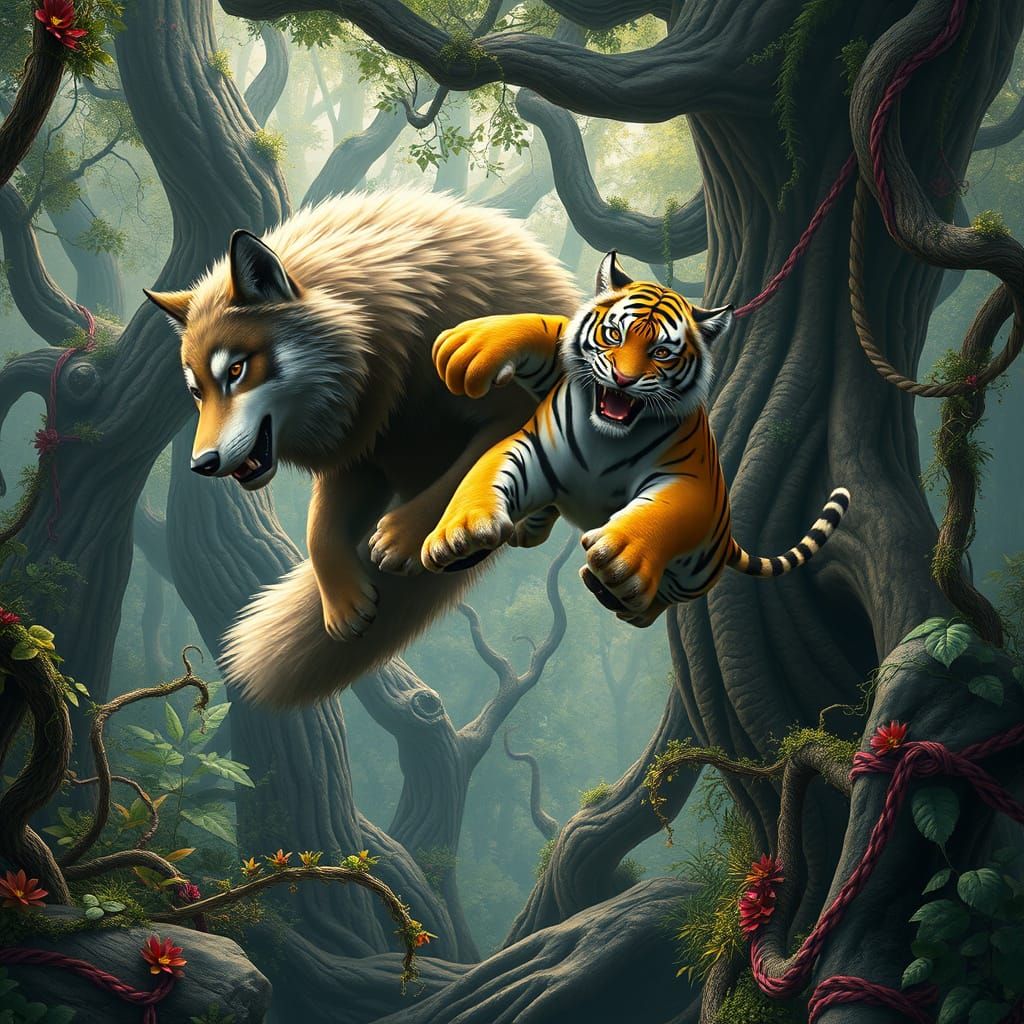 Majestic Wolf and Tiger Duo in Lush Fantasy Forest