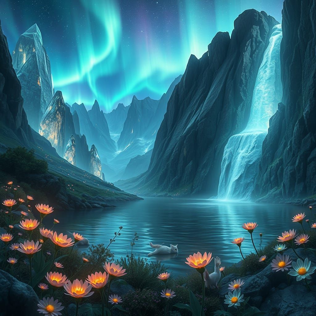 Glowing Crystals Under Aurora Borealis in Detailed Concept A...