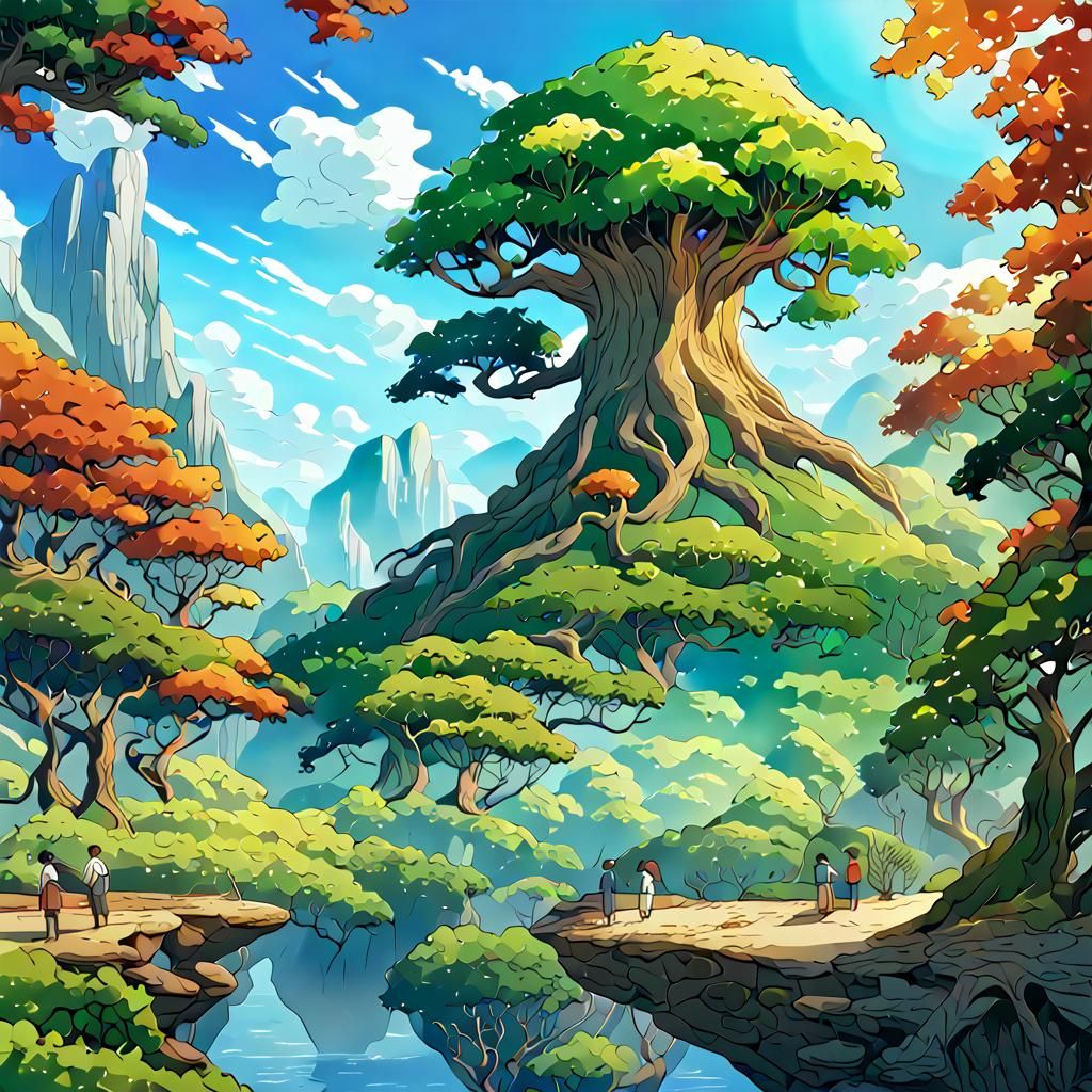 Fantasy Tree in Utopian Anime Landscape